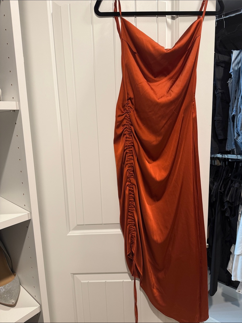 Rust Satin Ruched Slip Dress